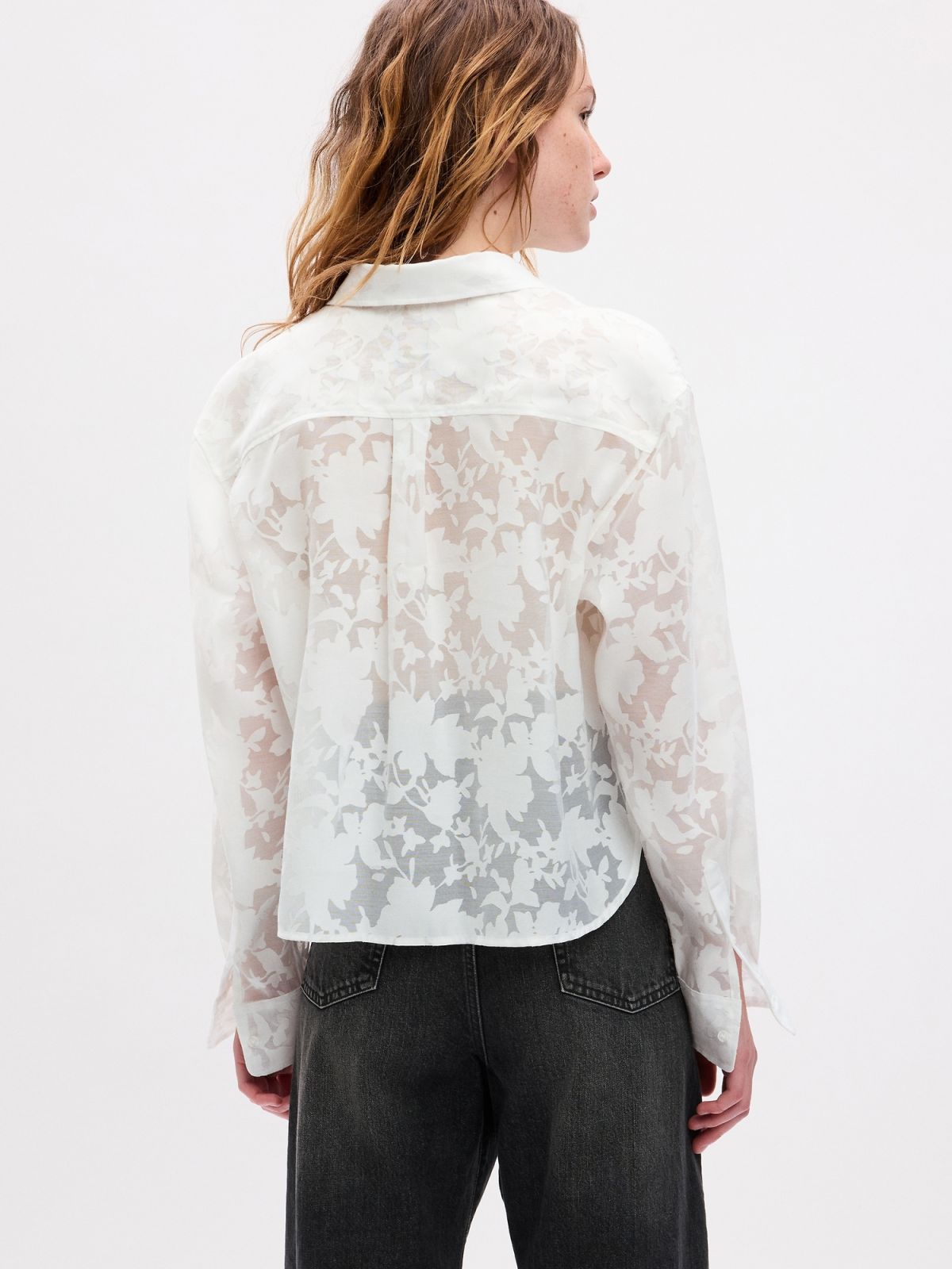 Άσπρο Sheer Floral Cropped Πουκάμισο-823673001