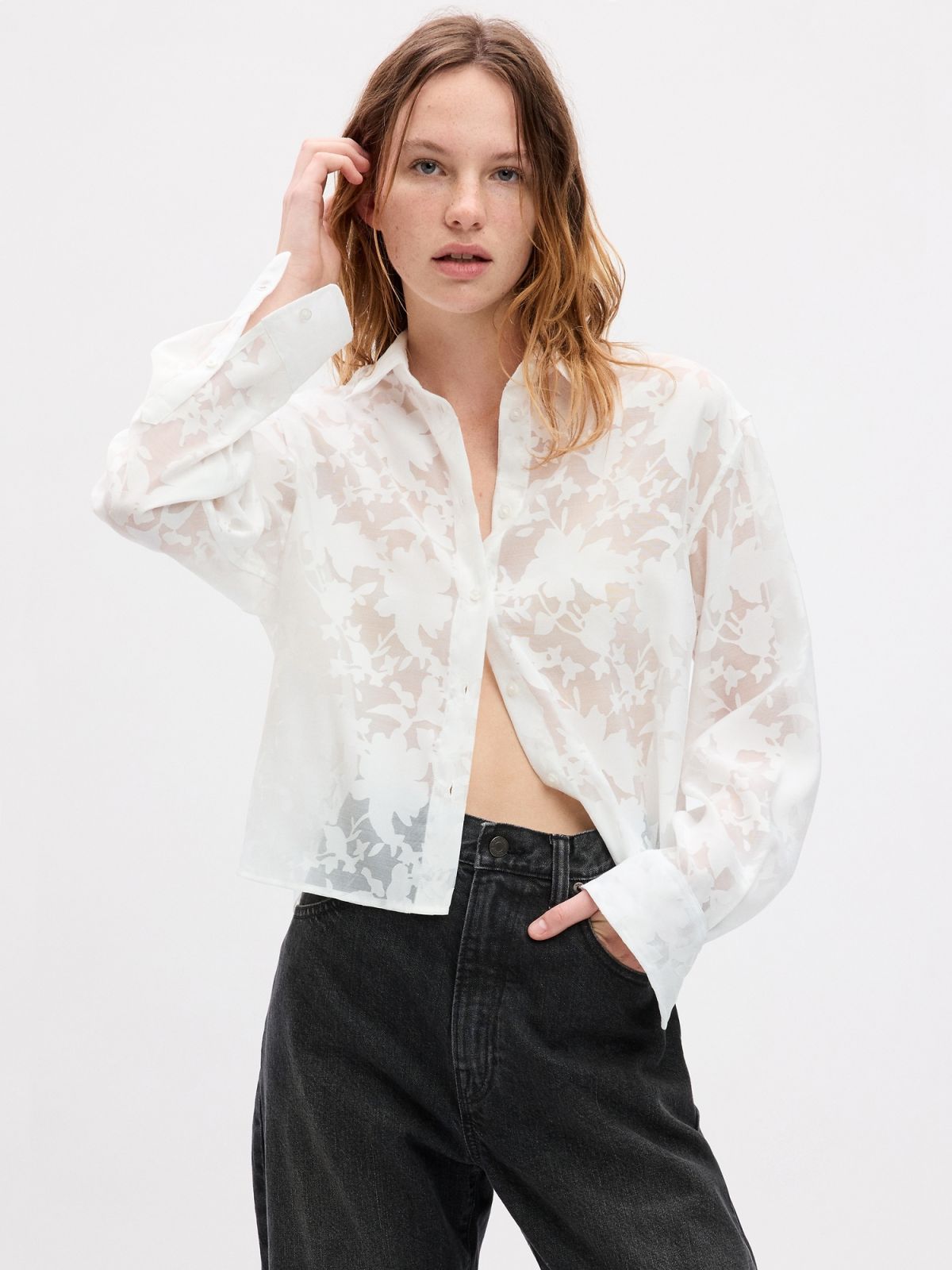 Άσπρο Sheer Floral Cropped Πουκάμισο-823673001