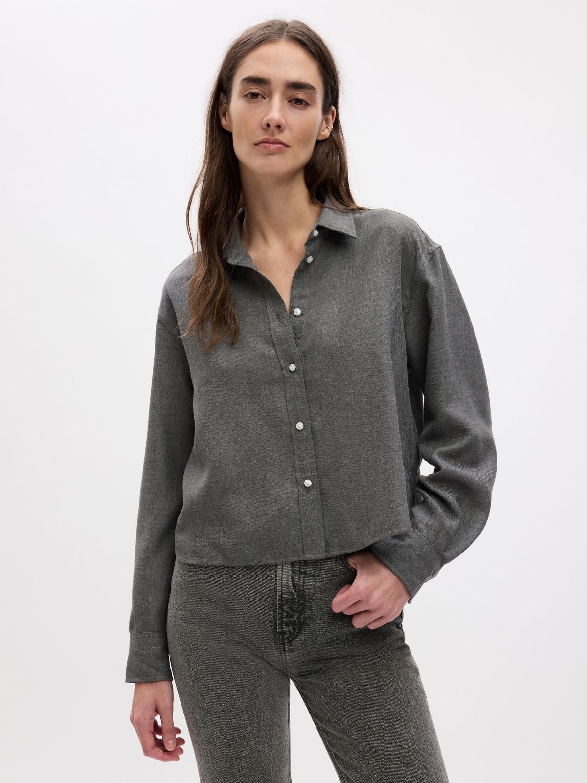 Cropped Button-Front Shirt-817849002