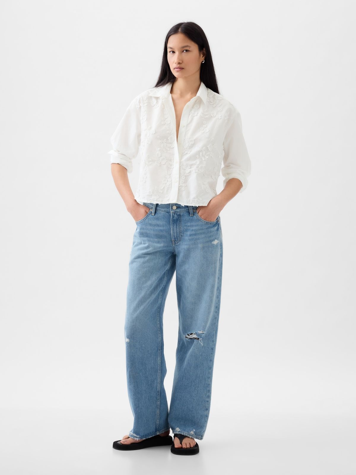 Άσπρο Φλοράλ Cropped Πουκάμισο-875980000