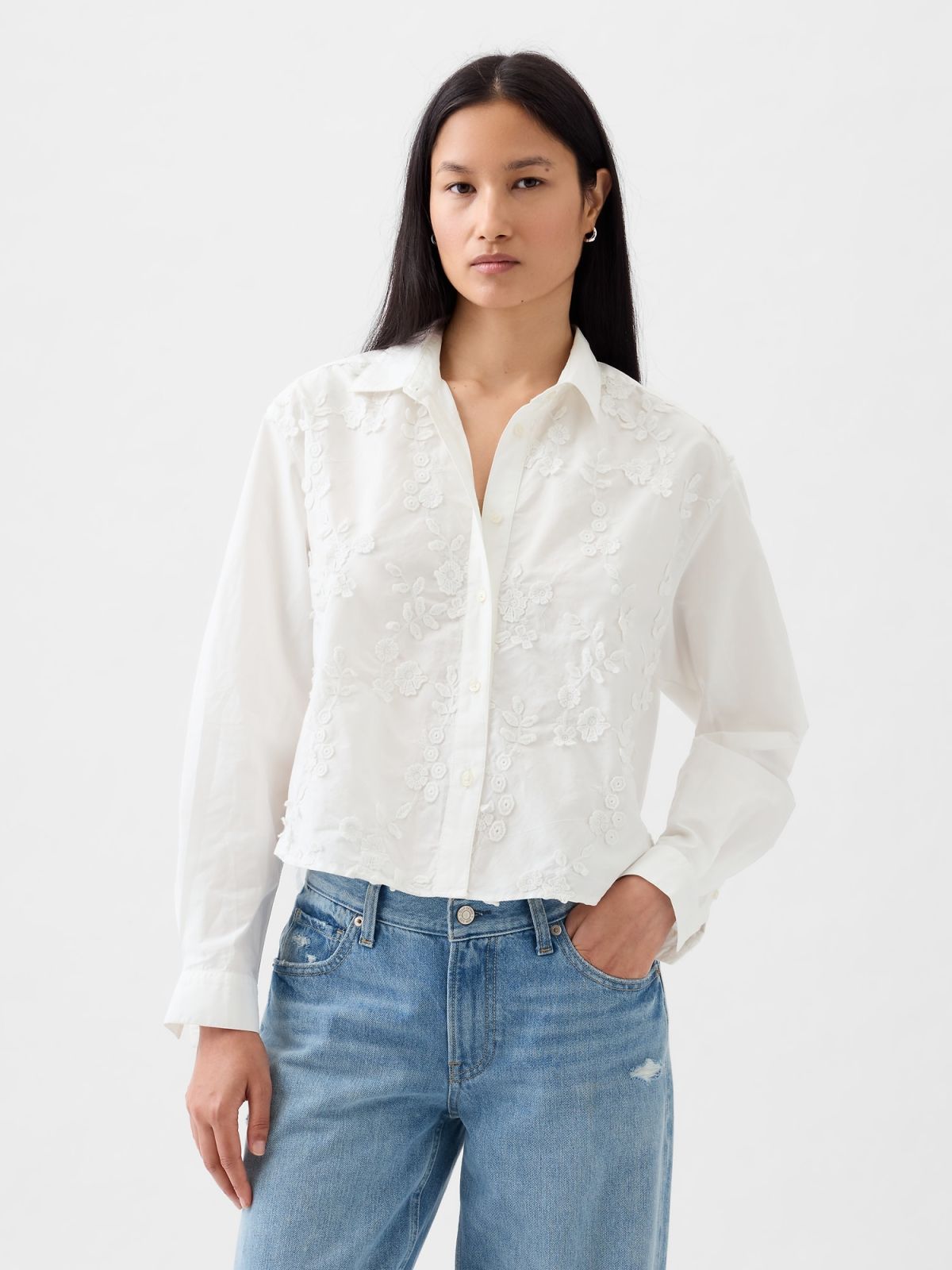 Floral Applique Cropped Shirt-875980000