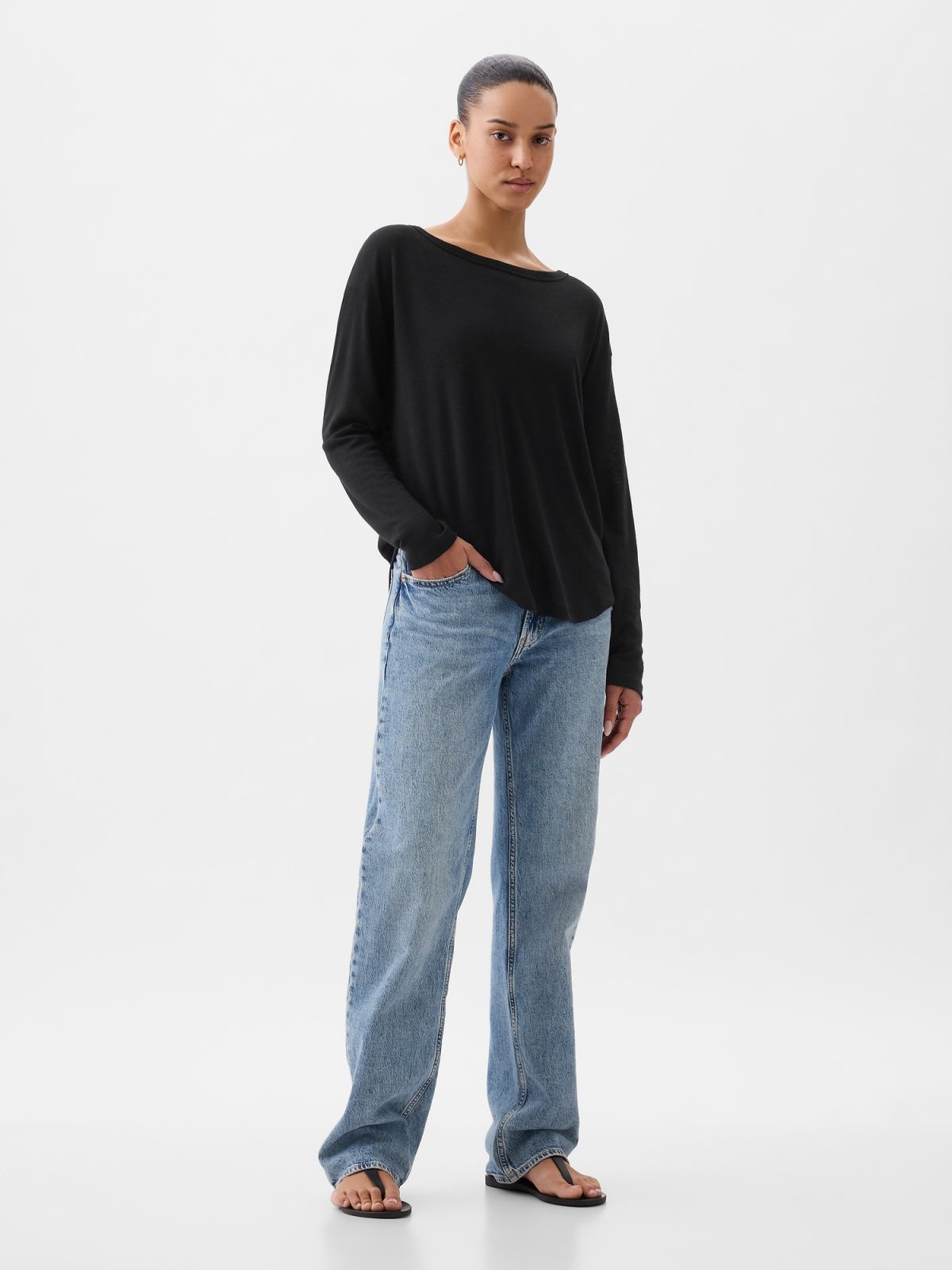 Μαύρη Linen-Blend Boatneck Μπλούζα-878218001