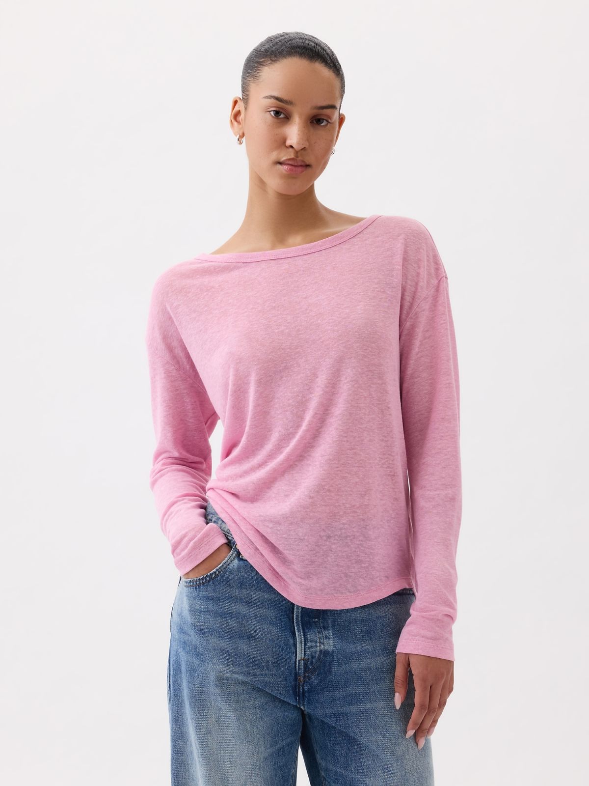 Ροζ Linen-Blend Boatneck Μπλούζα-878218005
