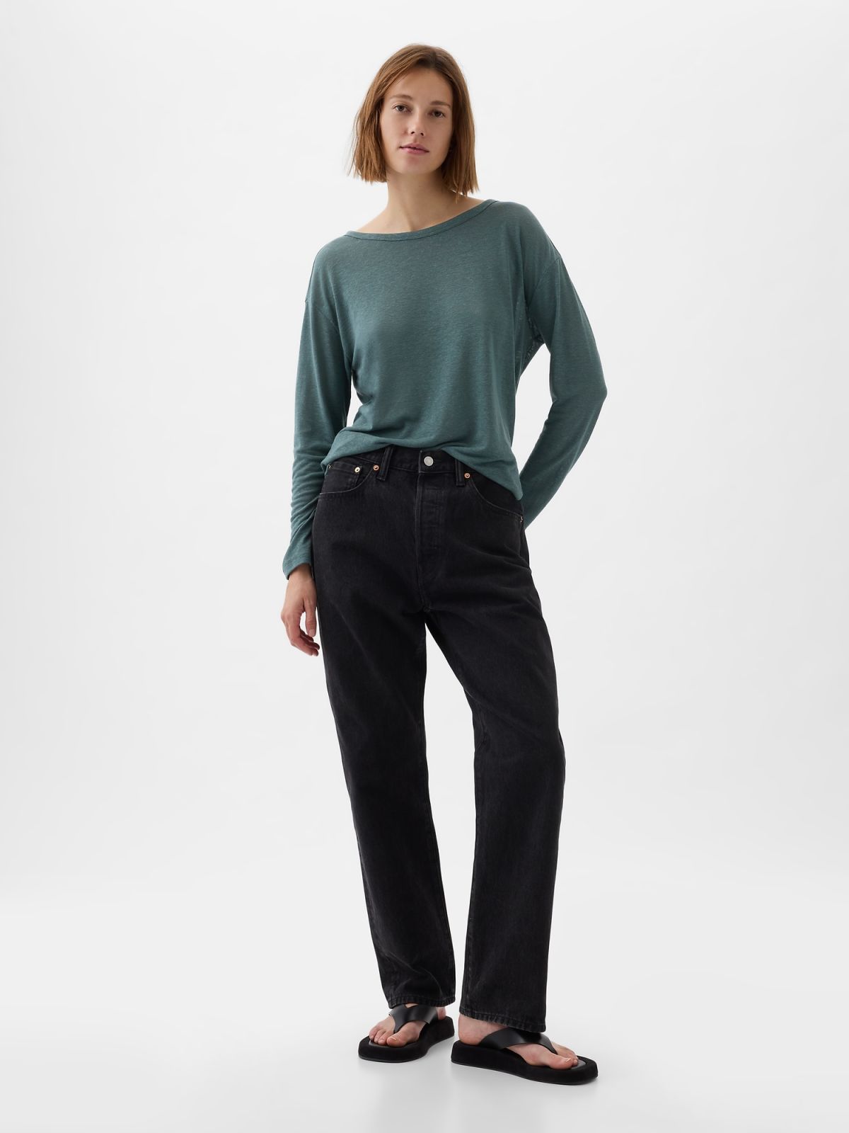 Πράσινη Linen-Blend Boatneck Μπλούζα-878218004