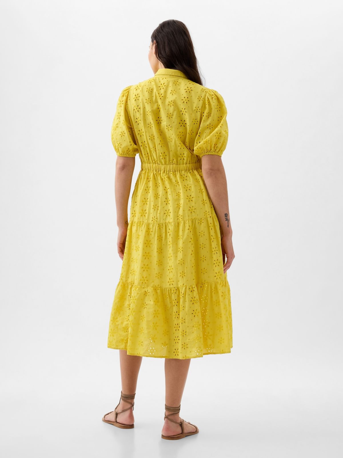 Κίτρινο Eyelet Tiered Midi Φόρεμα-880339001