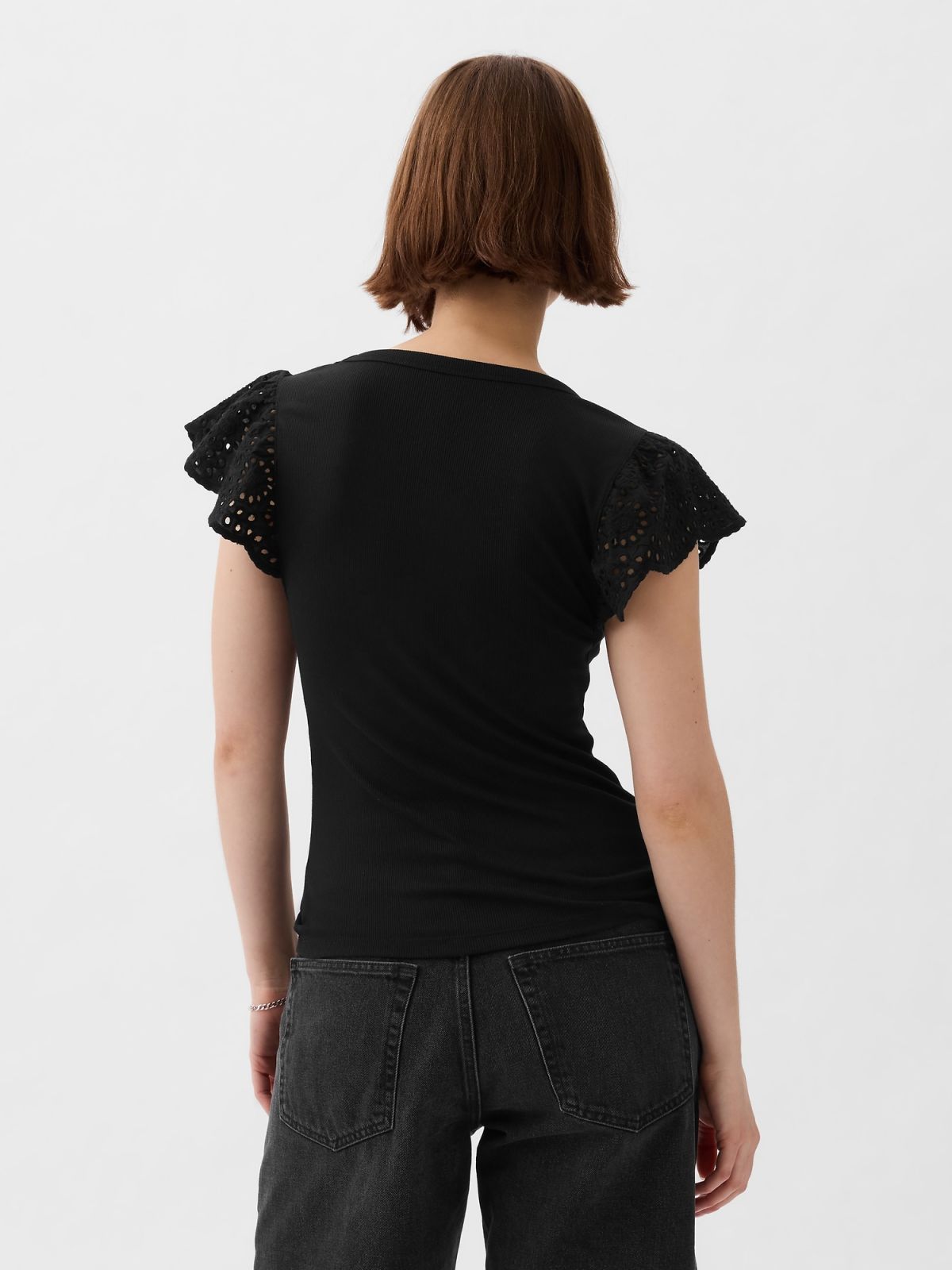 Μαύρη Eyelet Sleeve Rib Μπλούζα-878234000