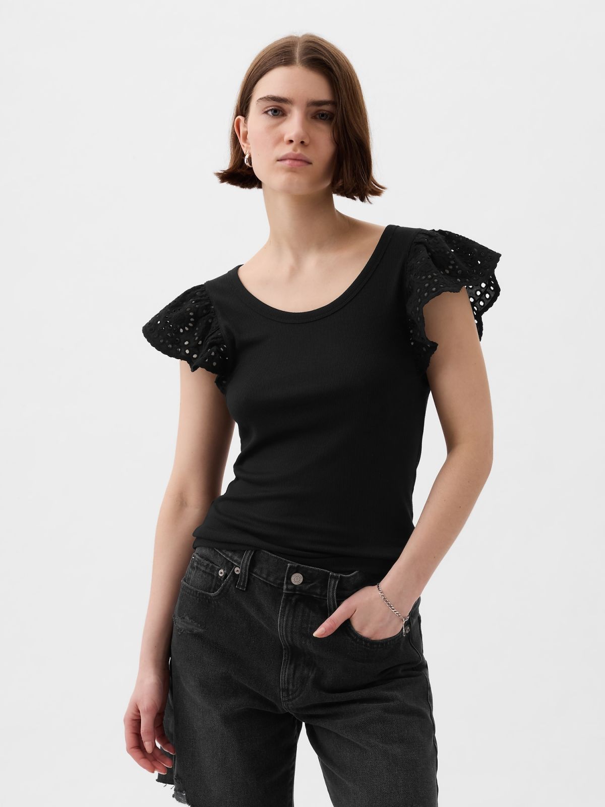 Μαύρη Eyelet Sleeve Rib Μπλούζα-878234000