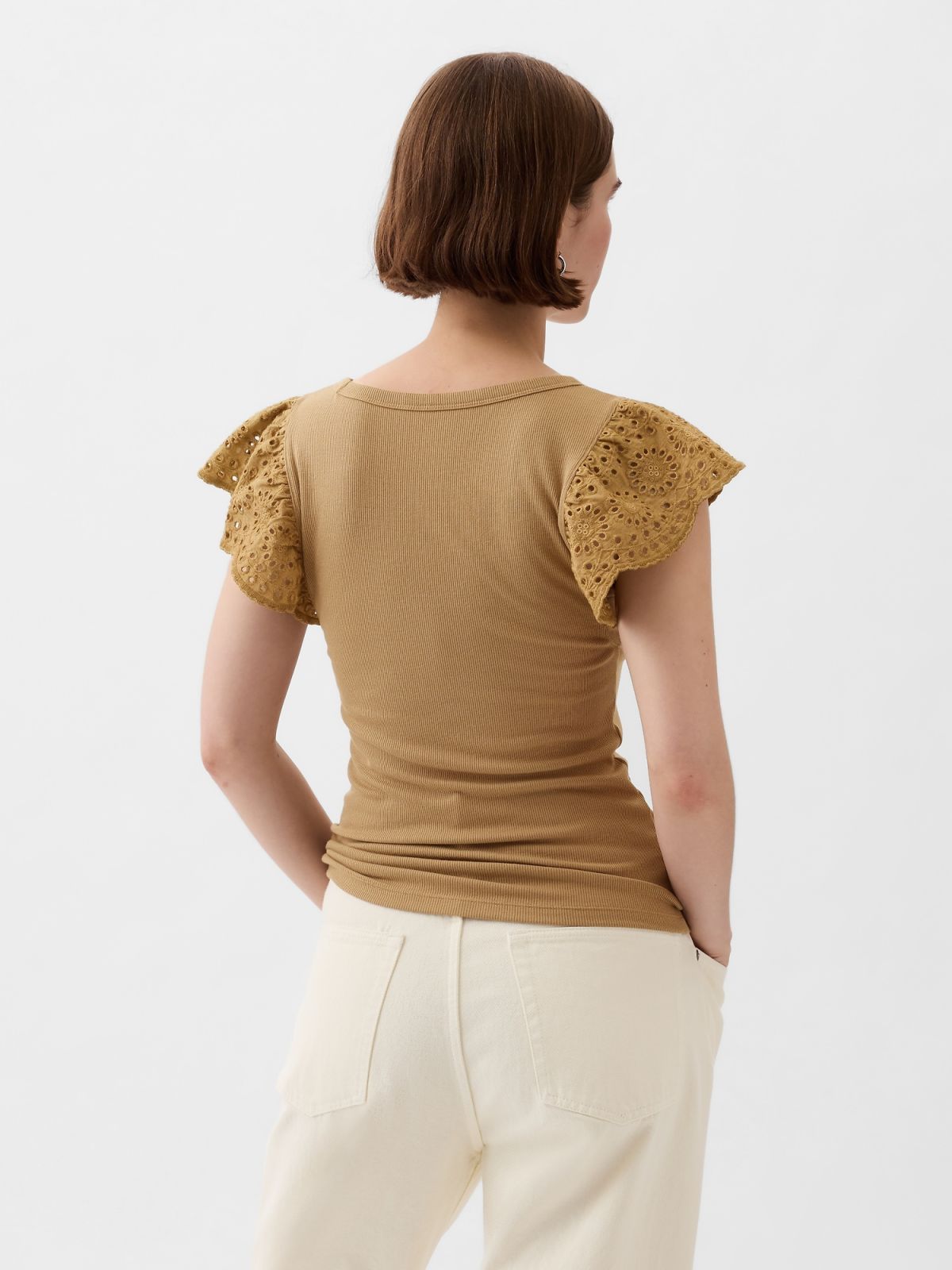Eyelet Sleeve Rib T-Shirt-878234001