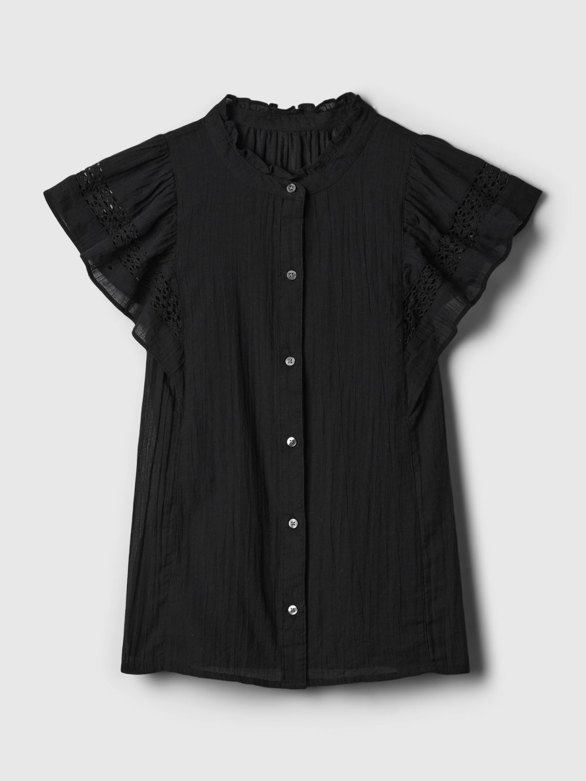 Μαύρη Crinkle Gauze Flutter Sleeve Μπλούζα-876108000