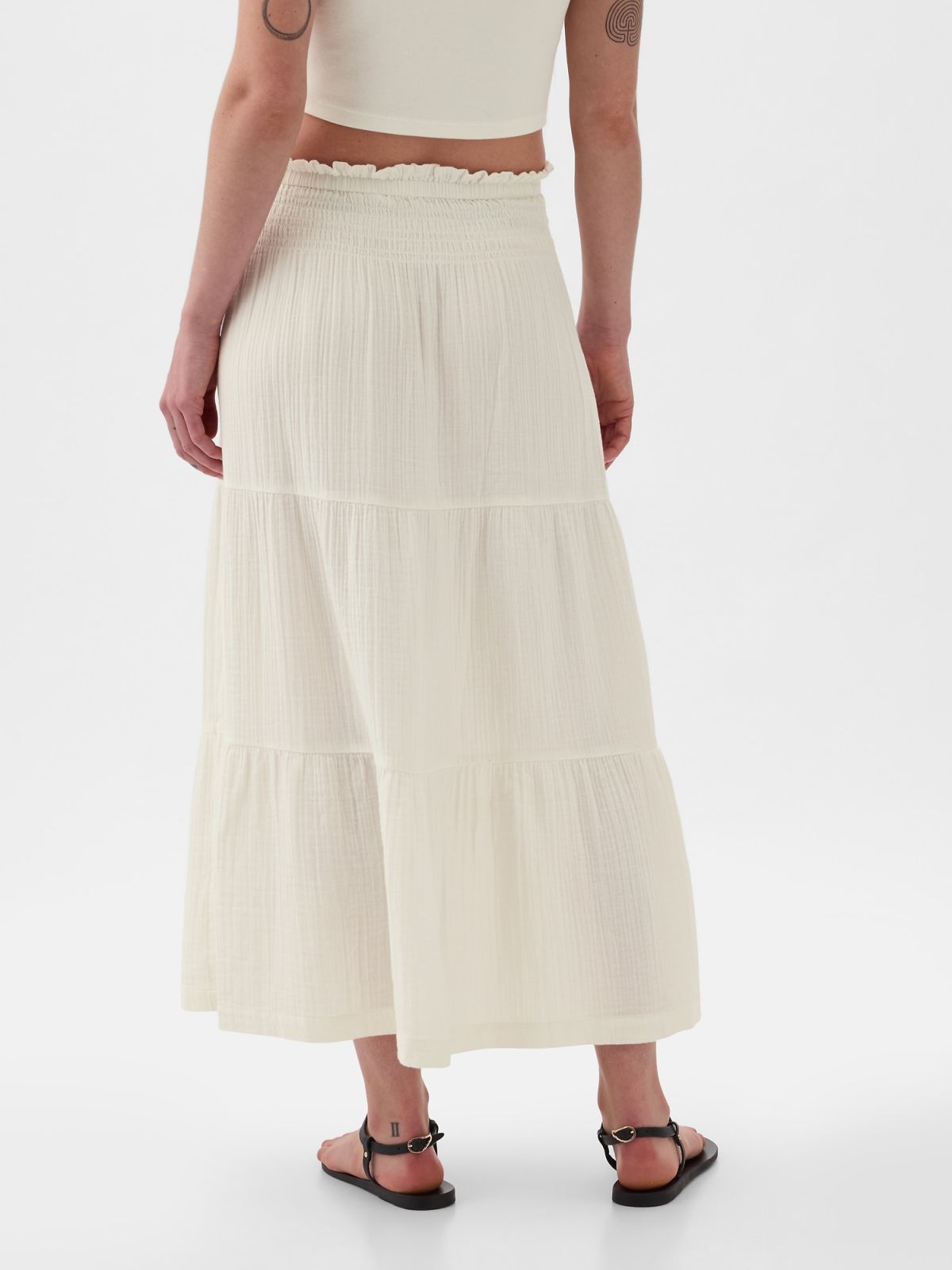 Άσπρη Crinkle Gauze Tiered Midi Φούστα-857496002