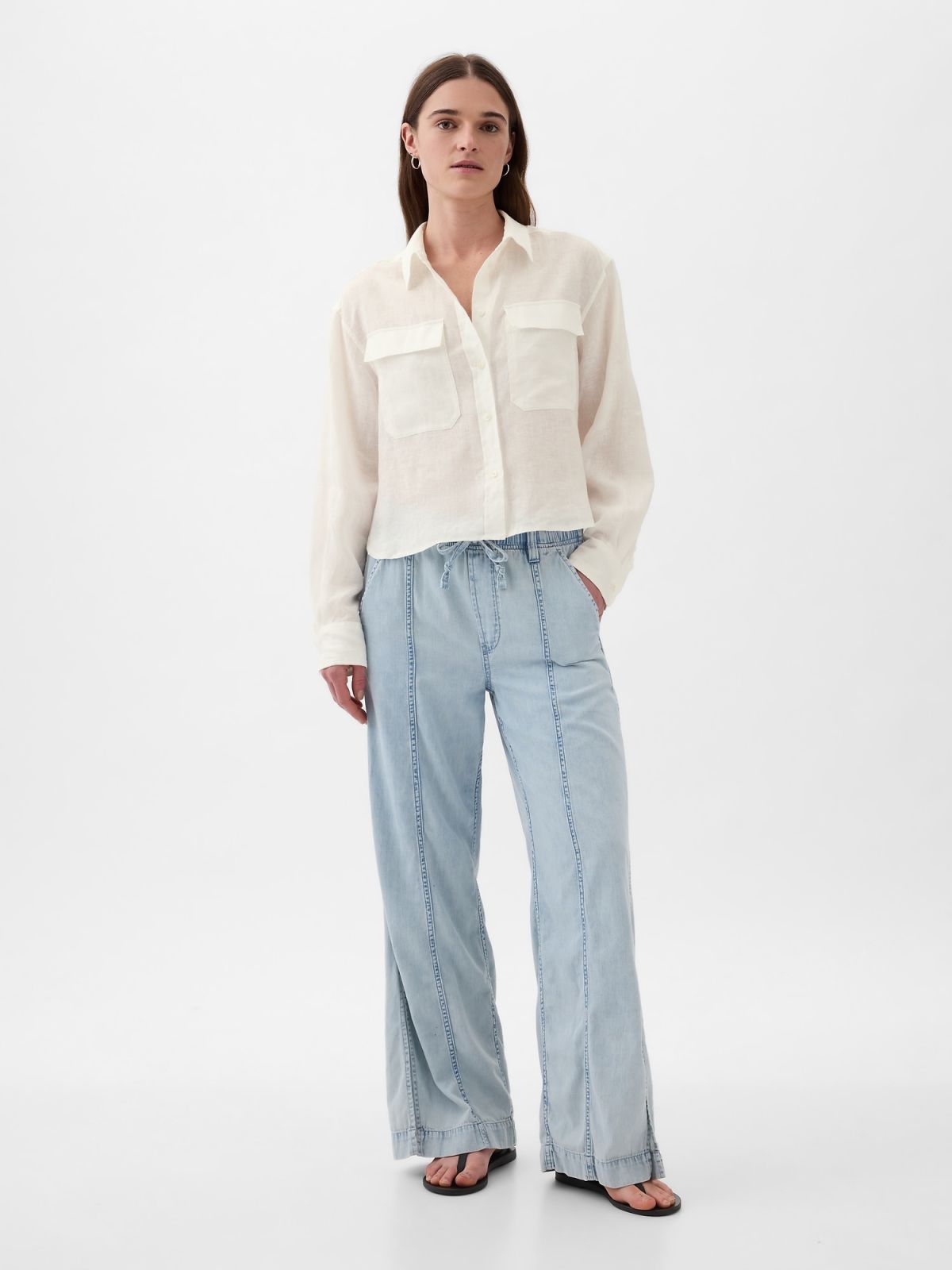 Άσπρο Λινό Cropped Πουκάμισο-876103000