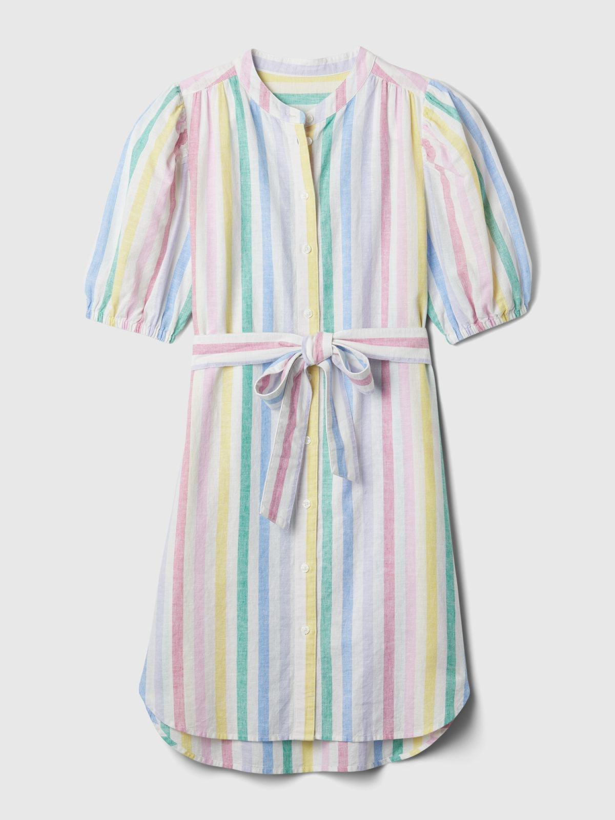 Multi Linen-Cotton Puff Sleeve Mini Πουκάμισο-Φόρεμα-857634000