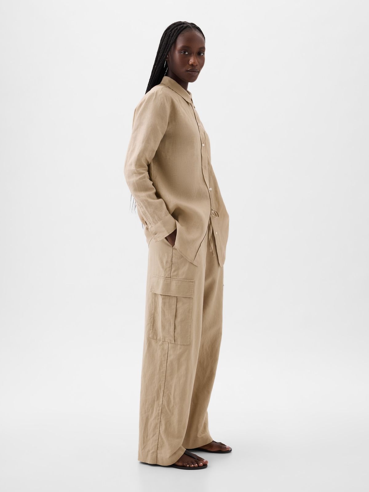 Μπεζ Λινό Boyfriend Πουκάμισο-875983007