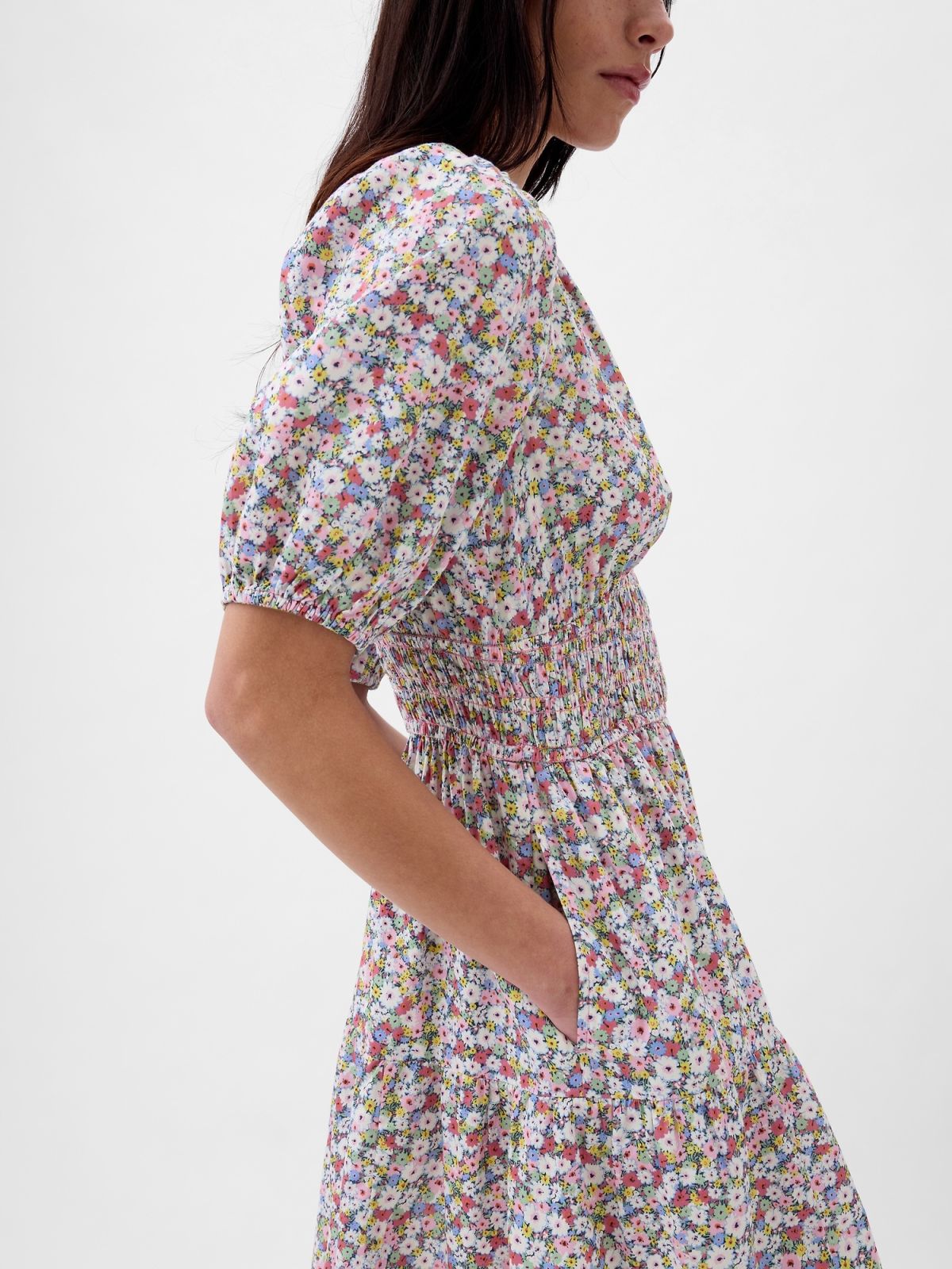 Ροζ Puff Sleeve Smocked Mini Φόρεμα-880333003