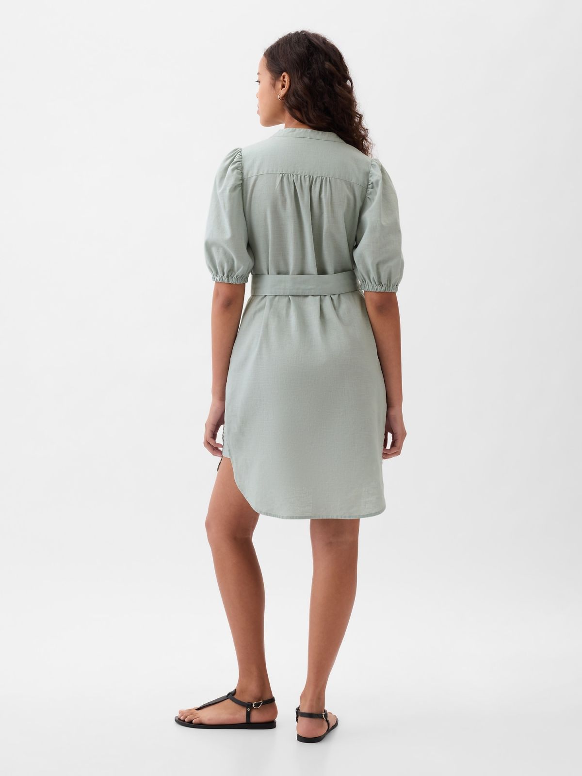 Linen-Cotton Puff Sleeve Mini Shirtdress-857634001
