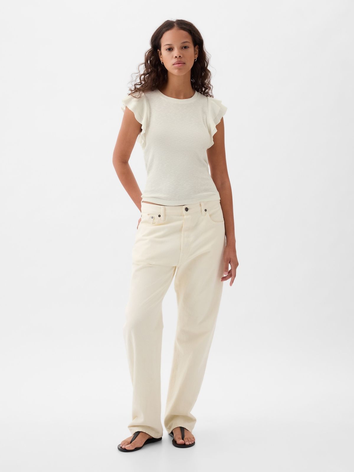 Άσπρη Essential Rib Flutter Sleeve Μπλούζα-855372003