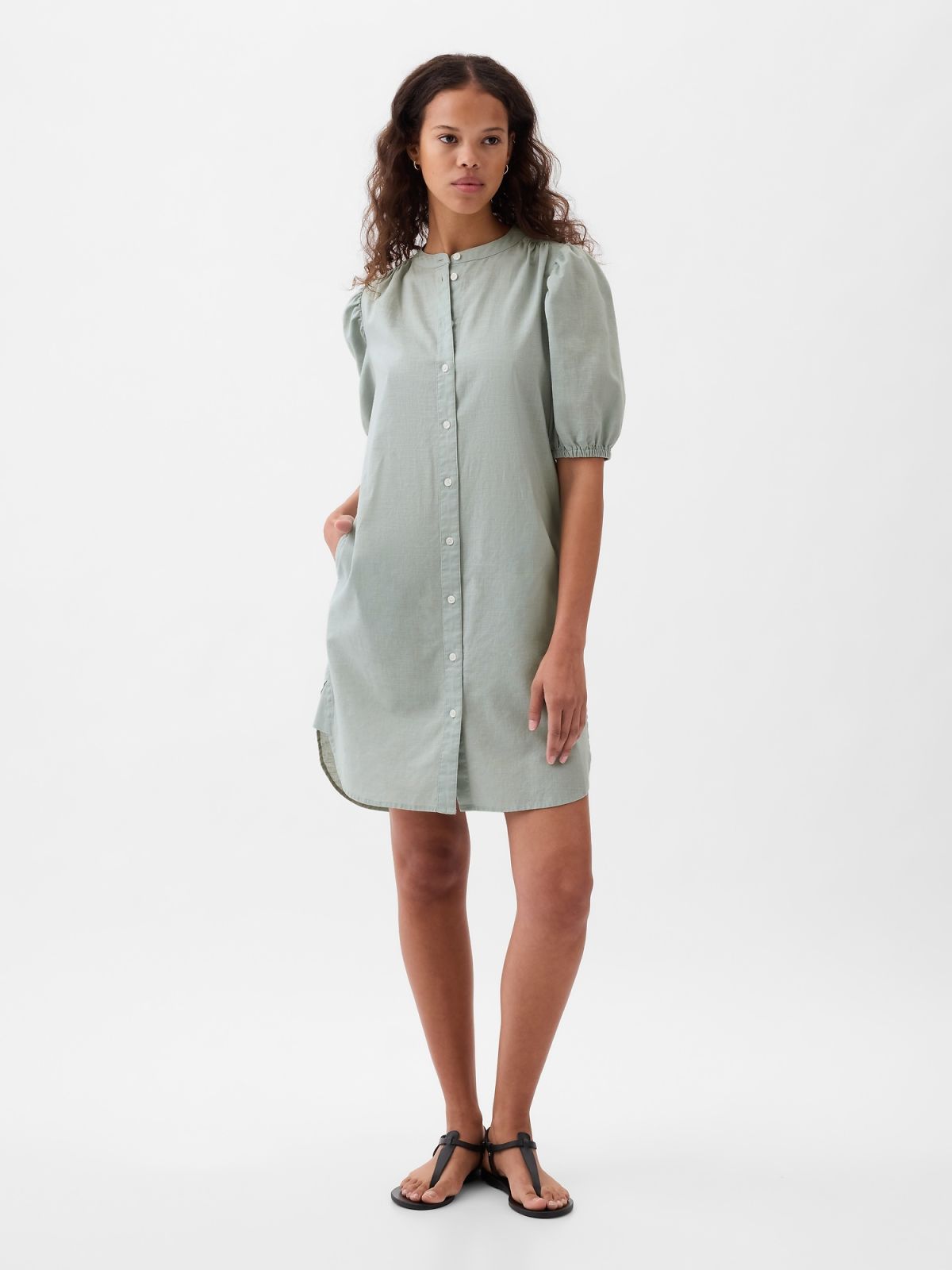 Πράσινο Λινό-Βαμβάκι Puff Sleeve Mini Πουκάμισο Φόρεμα-857634001
