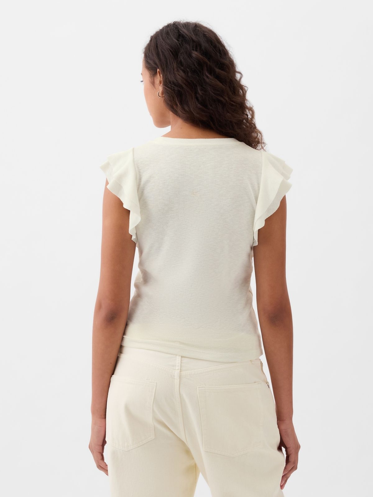 Άσπρη Essential Rib Flutter Sleeve Μπλούζα-855372003