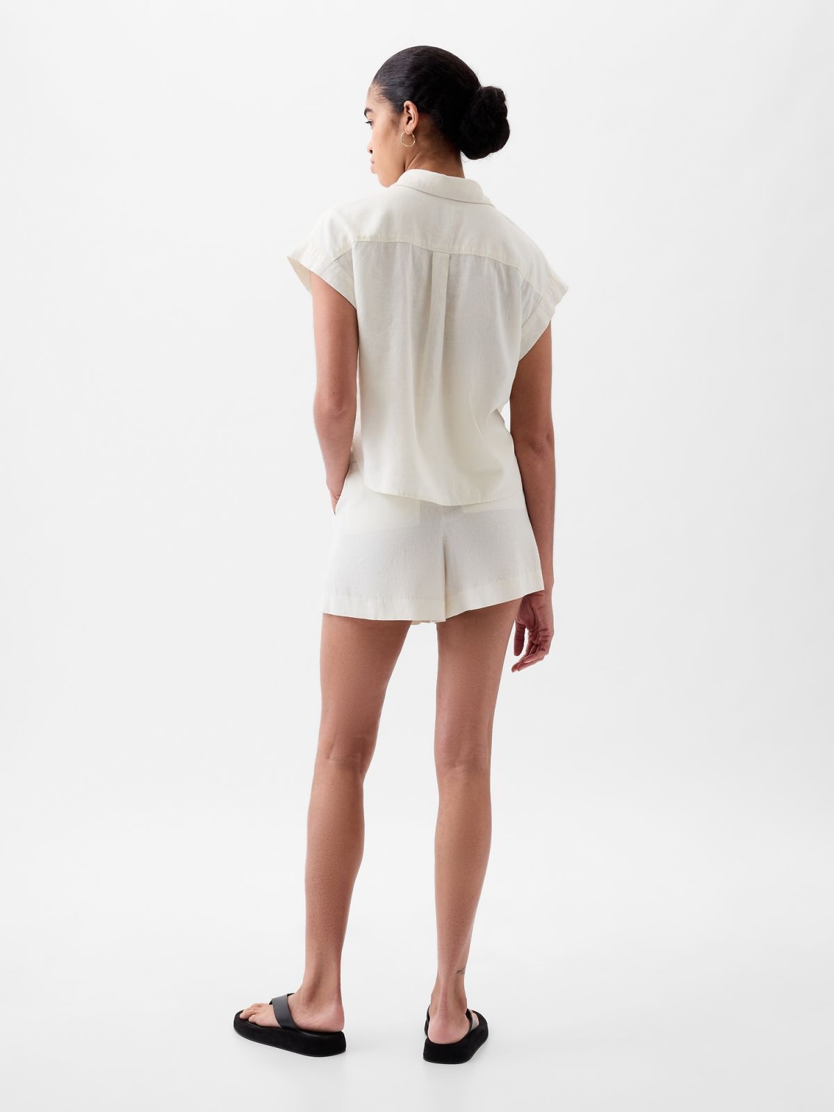 Άσπρο Linen-Blend Cropped Πουκάμισο-875993002