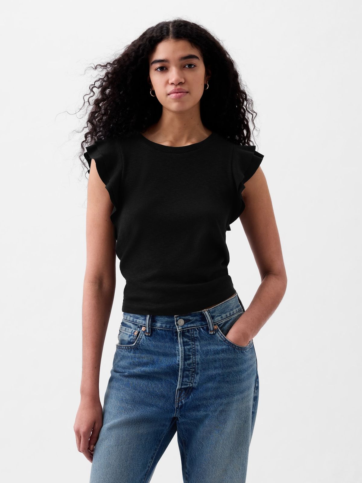 Μαύρη Essential Rib Flutter Sleeve Μπλούζα-855372000