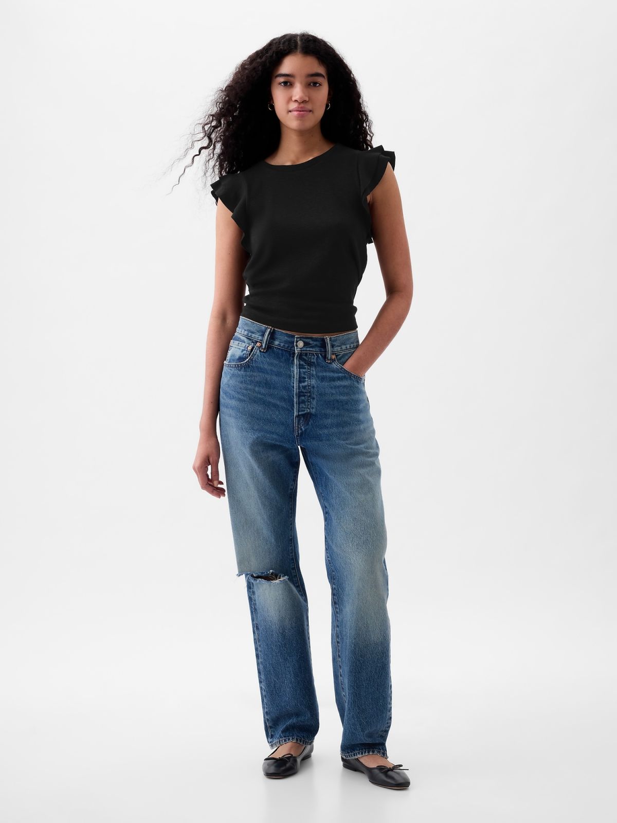 Μαύρη Essential Rib Flutter Sleeve Μπλούζα-855372000