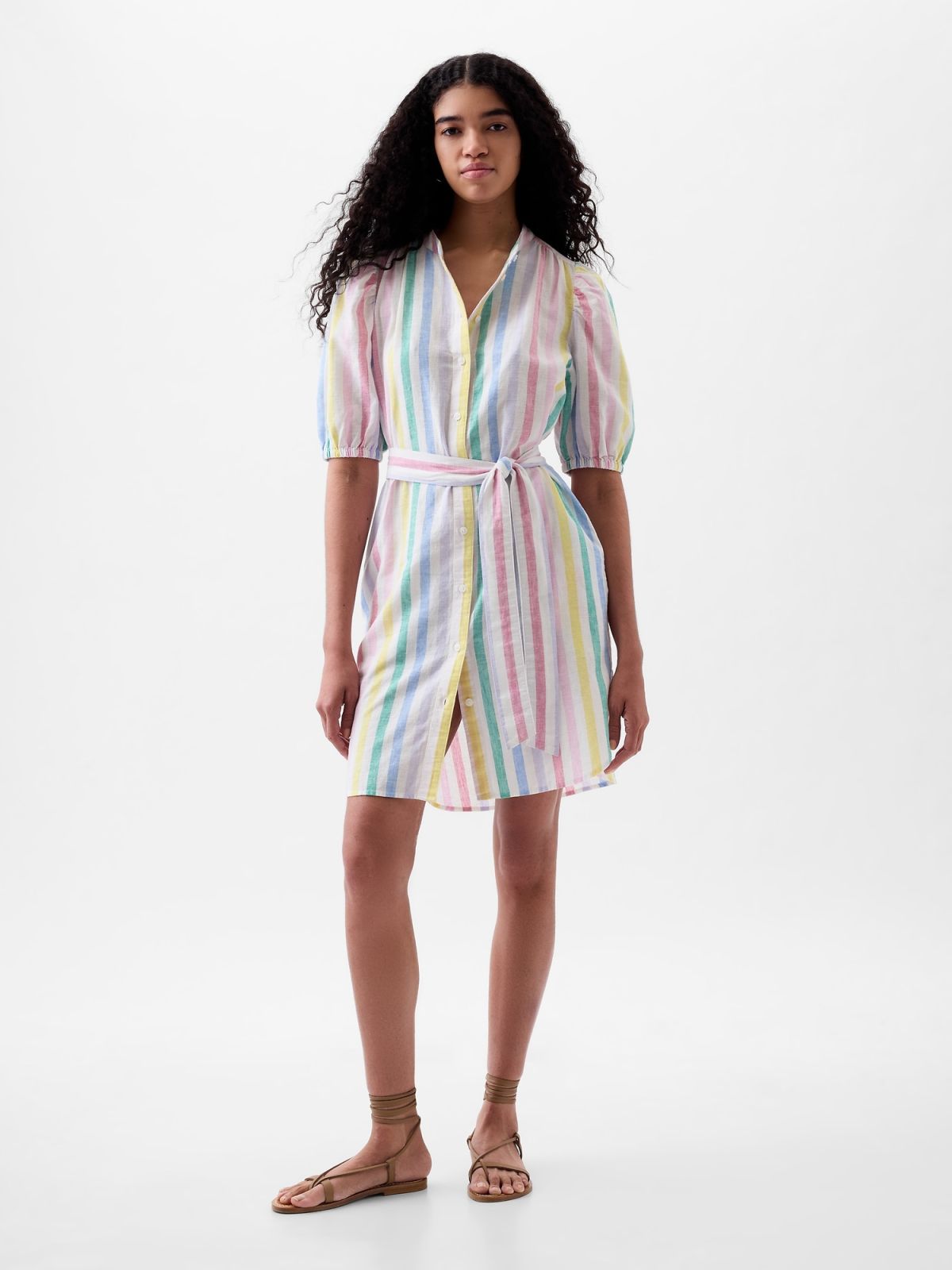 Linen-Cotton Puff Sleeve Mini Shirtdress-857634000