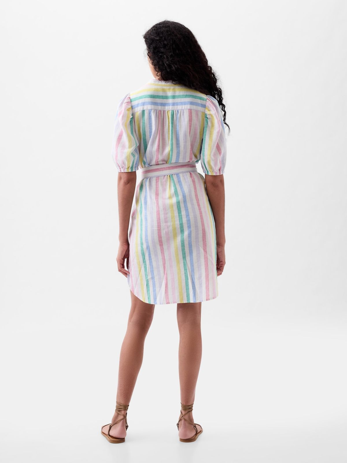 Linen-Cotton Puff Sleeve Mini Shirtdress-857634000