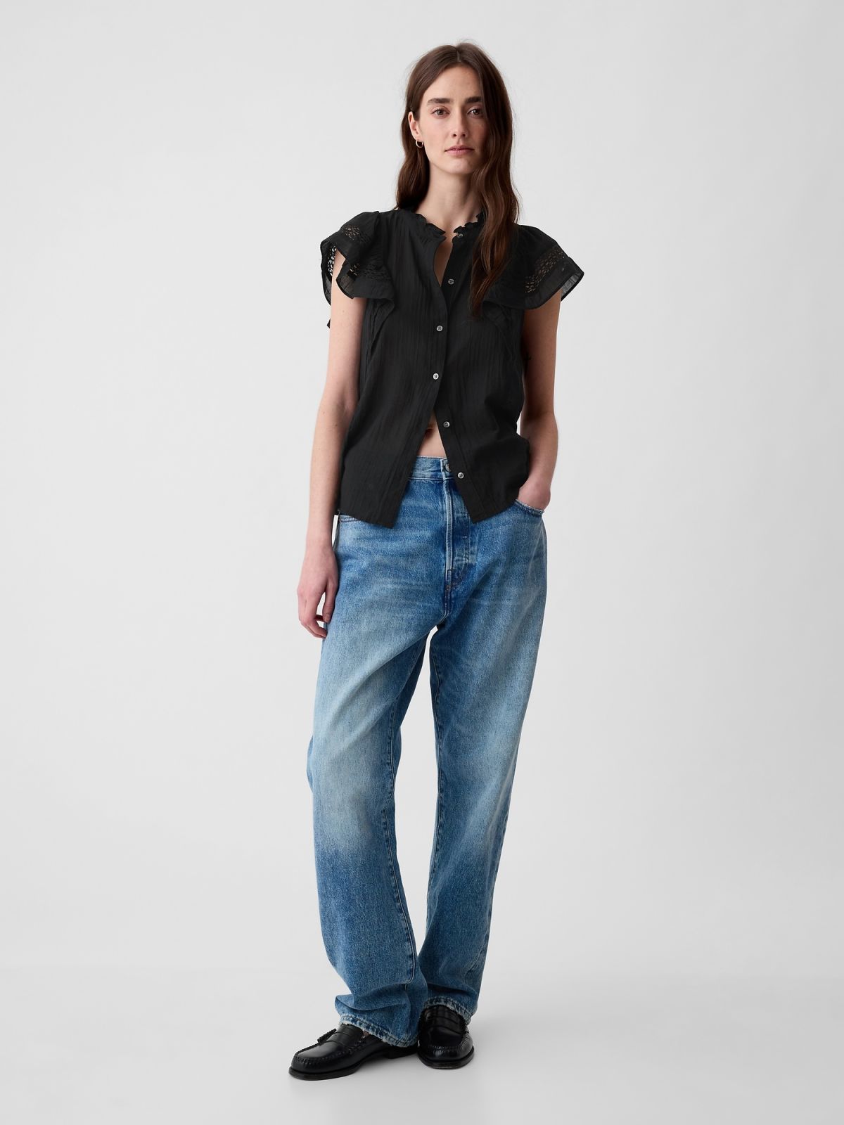 Μαύρη Crinkle Gauze Flutter Sleeve Μπλούζα-876108000