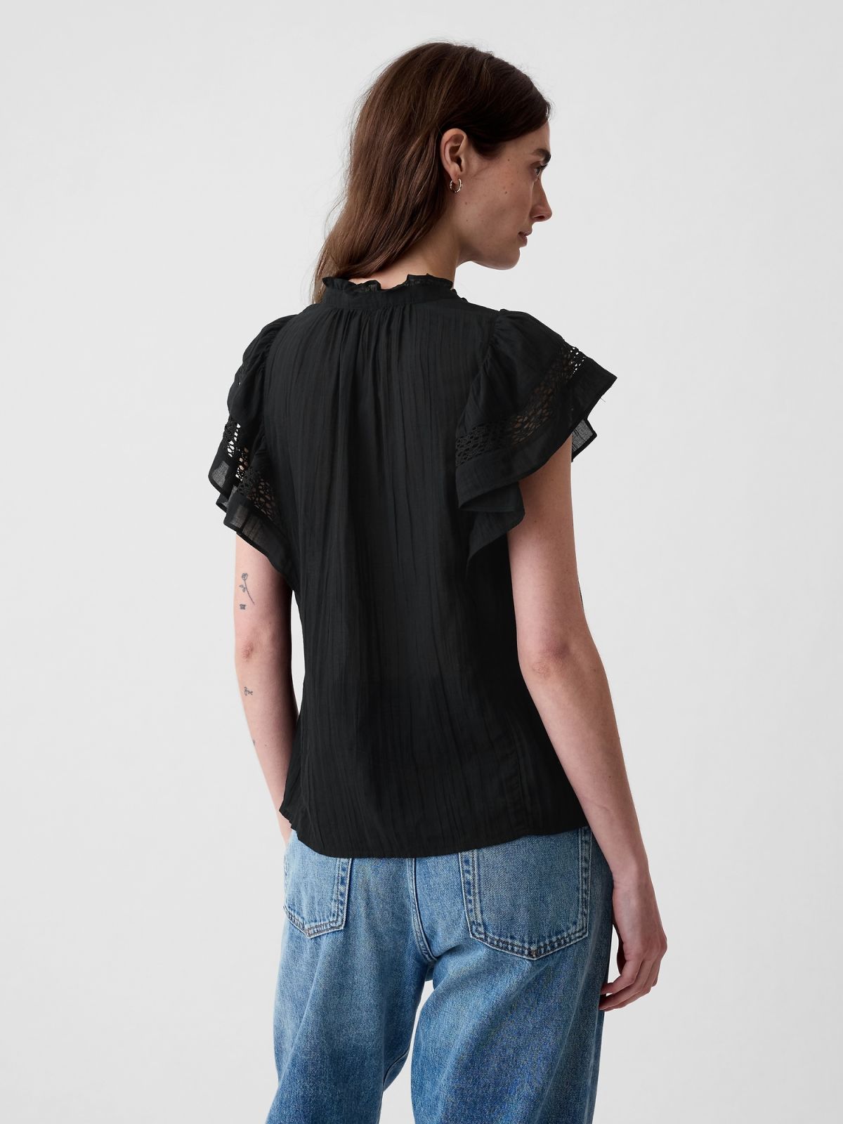 Μαύρη Crinkle Gauze Flutter Sleeve Μπλούζα-876108000