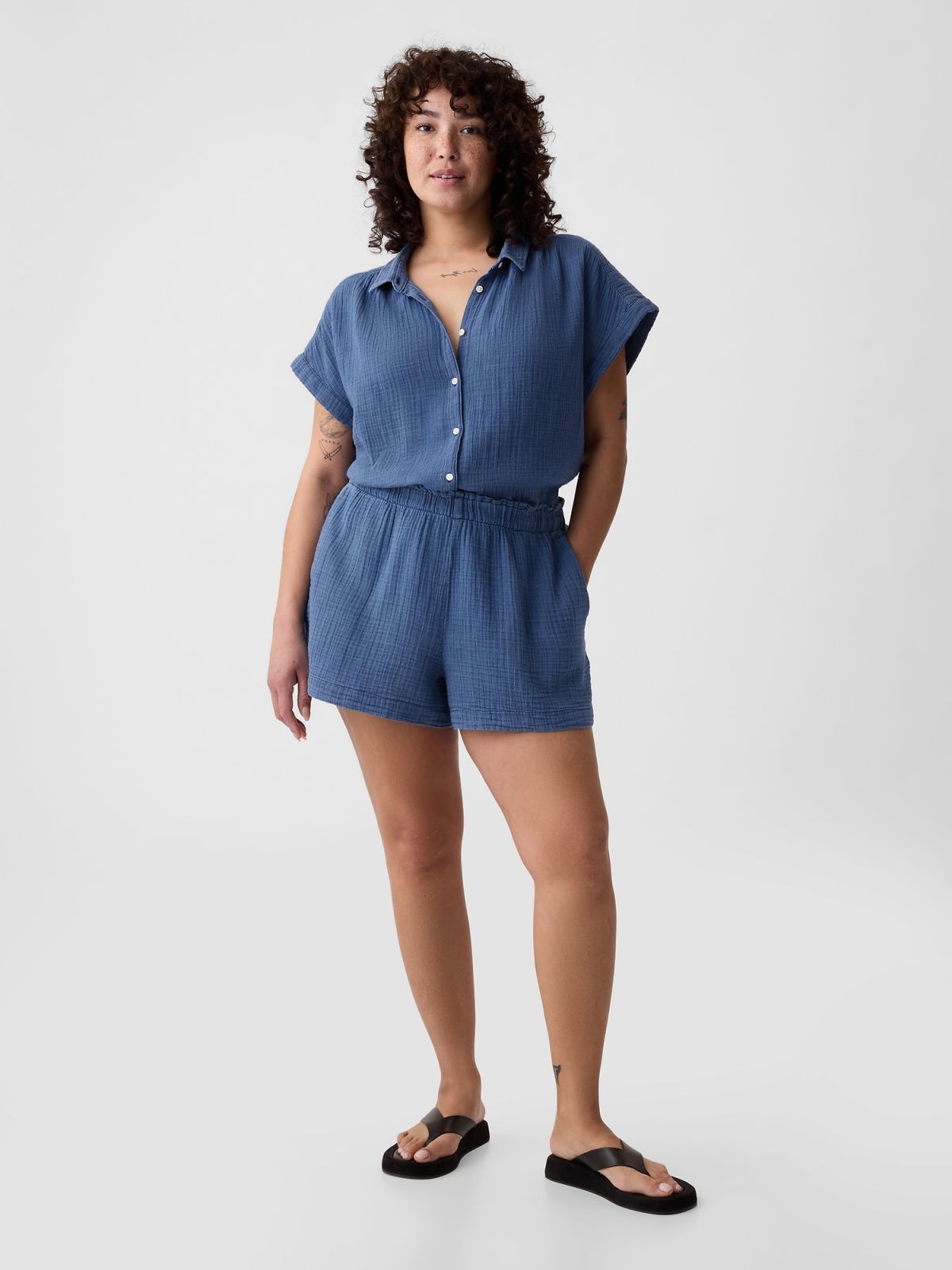 Μπλε Crinkle Gauze Denim Easy Σορτς-884448000