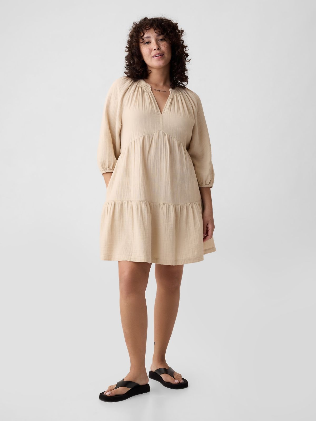 Μπεζ Crinkle Gauze Tiered Mini Φόρεμα-429447000