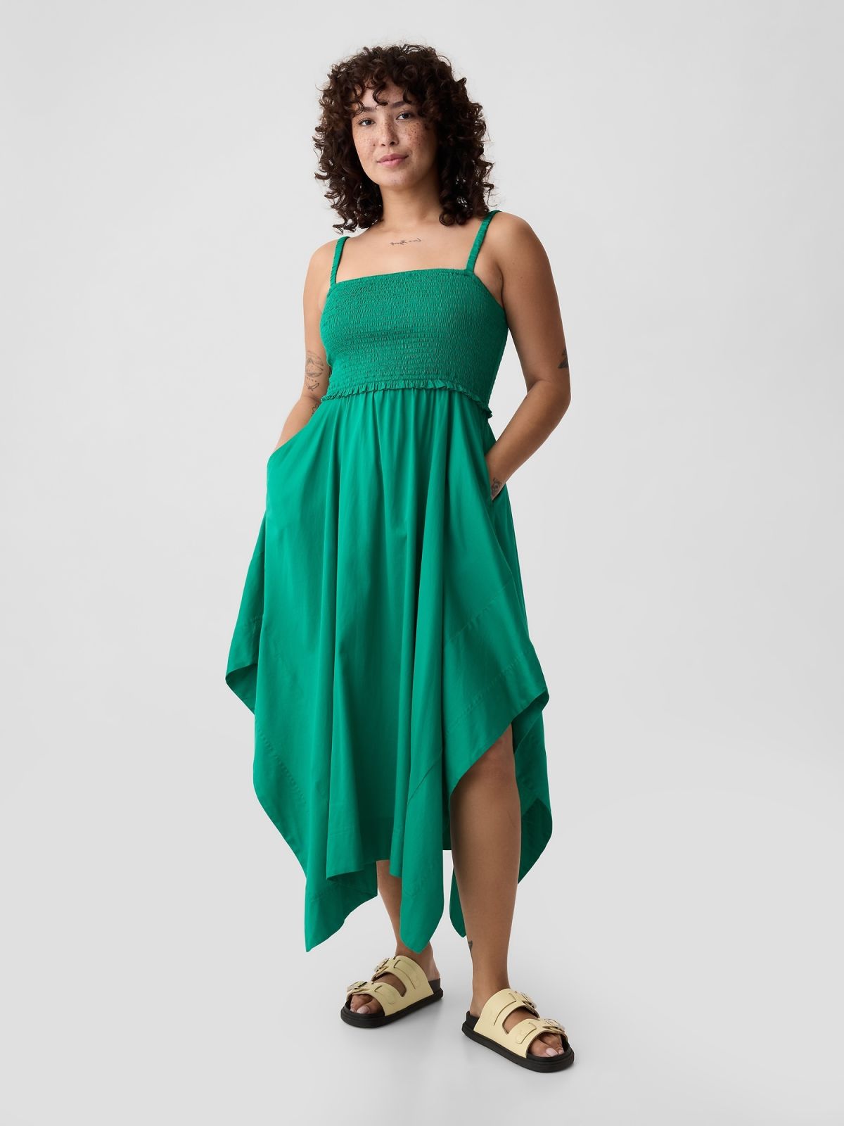 Πράσινο Smocked Handkerchief Hem Midi Φόρεμα-880272001