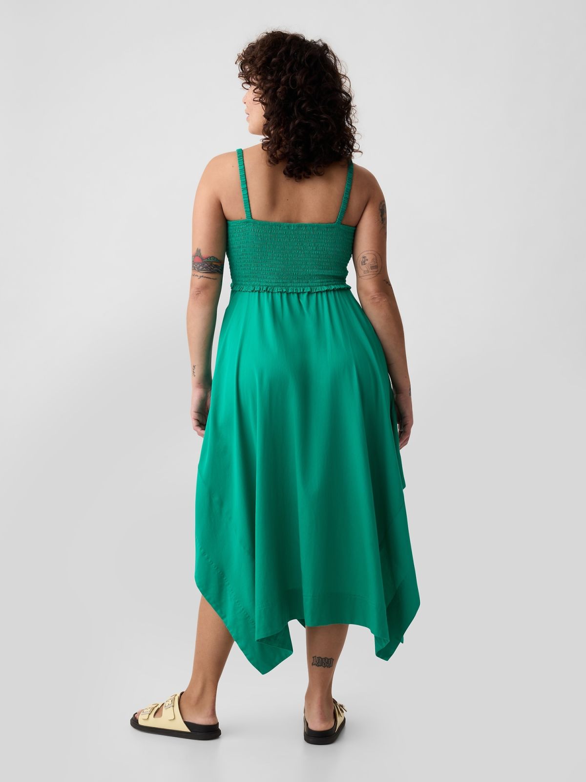 Πράσινο Smocked Handkerchief Hem Midi Φόρεμα-880272001