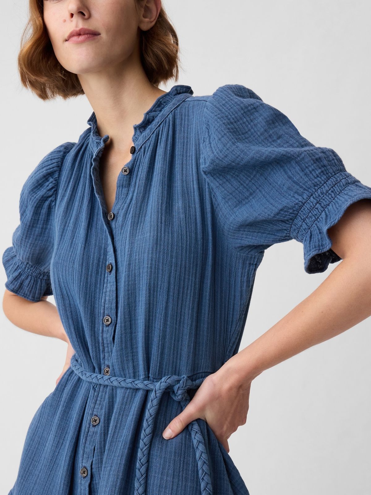 Μπλε Crinkle Gauze Denim Mini Φόρεμα-873496000