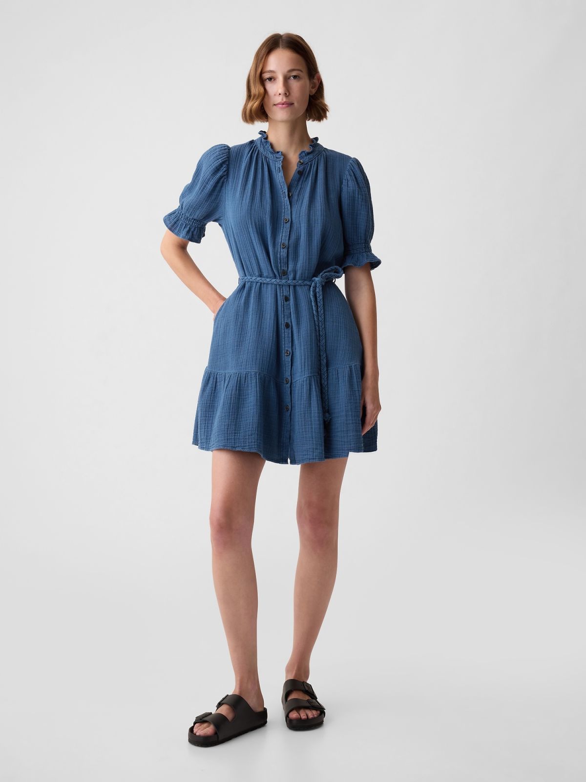 Μπλε Crinkle Gauze Denim Mini Φόρεμα-873496000