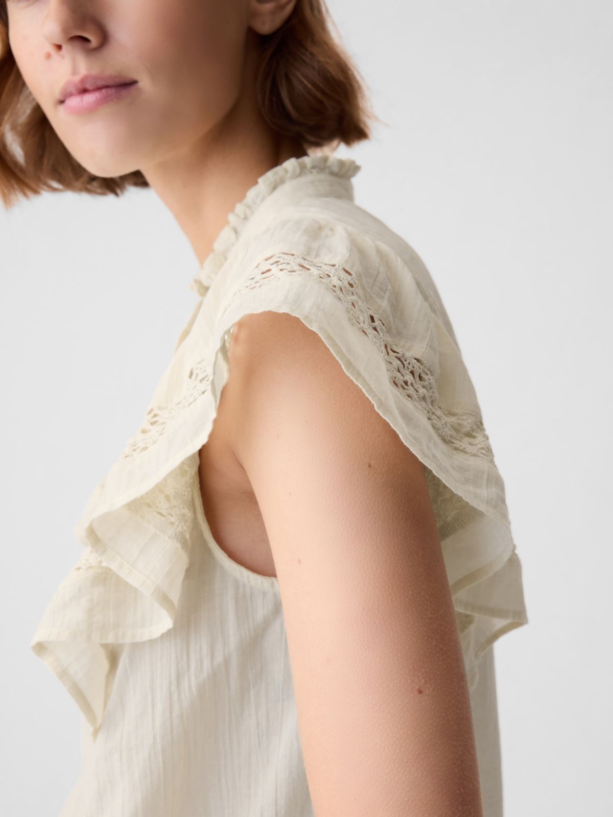 Μπεζ Crinkle Gauze Flutter Sleeve Μπλούζα-876108001