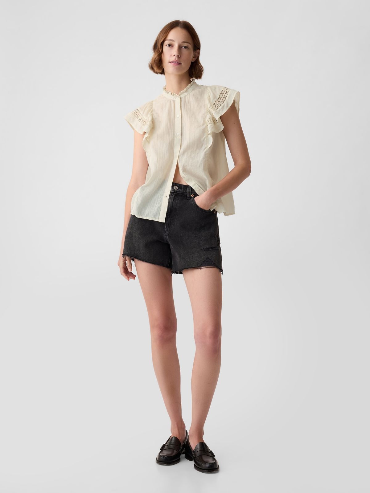 Μπεζ Crinkle Gauze Flutter Sleeve Μπλούζα-876108001