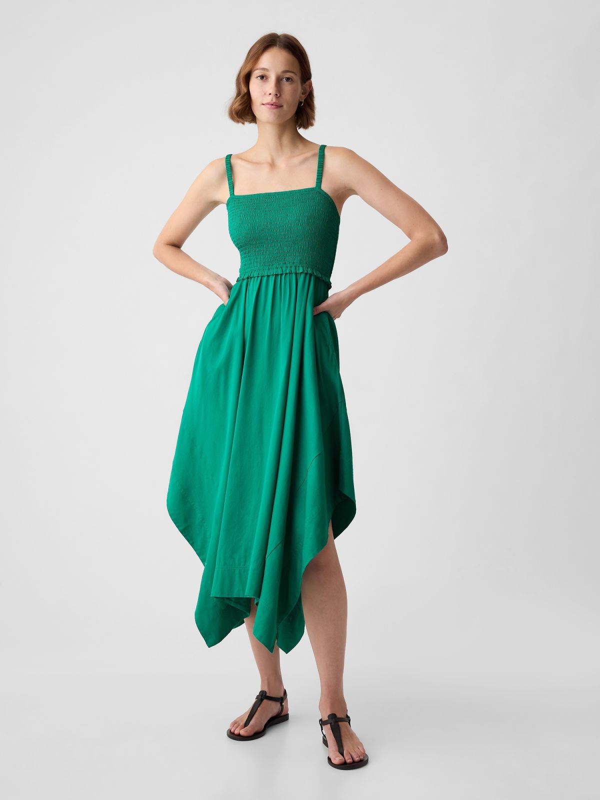 Πράσινο Smocked Handkerchief Hem Midi Φόρεμα-880272001