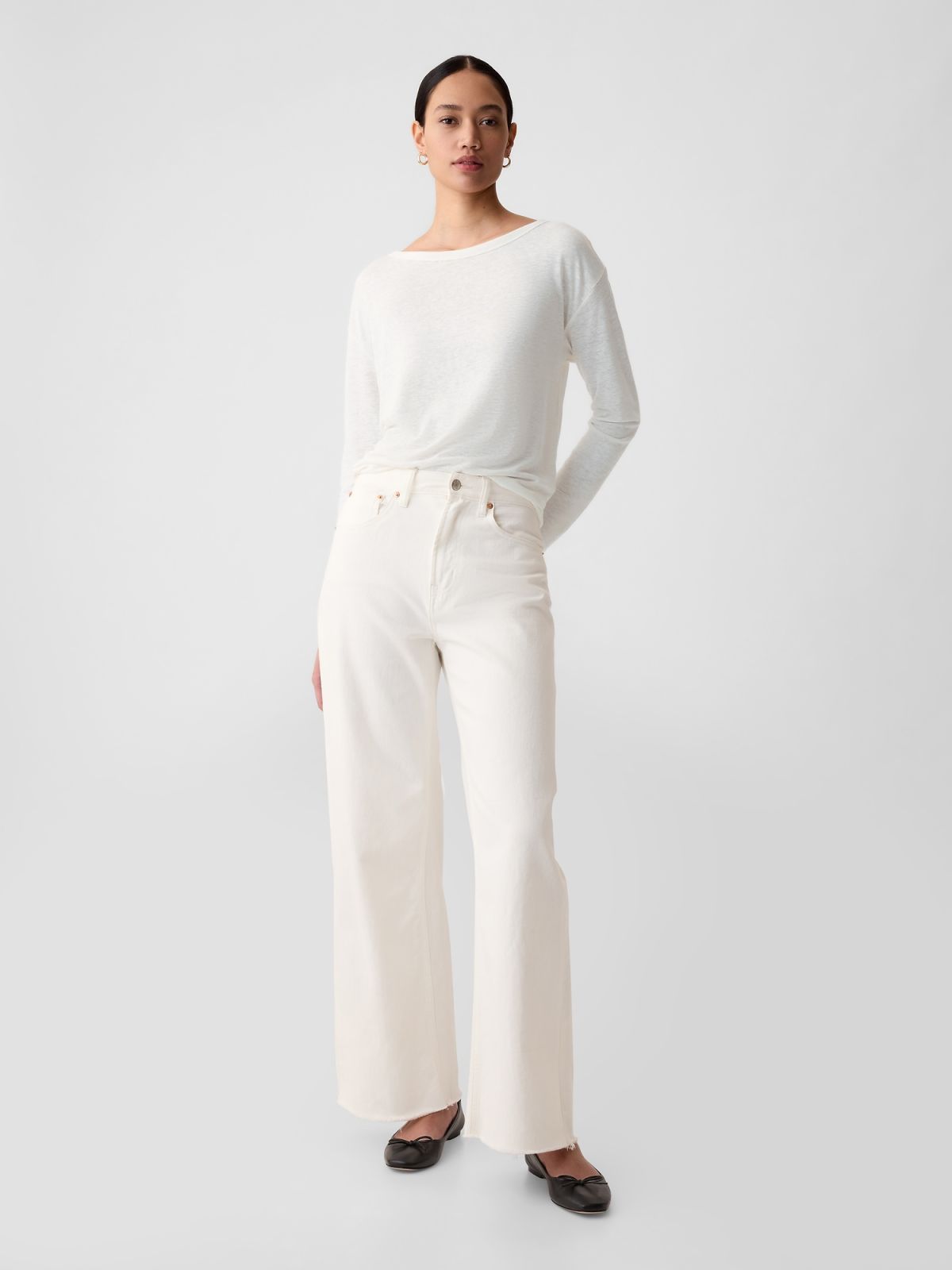 Άσπρη Linen-Blend Boatneck Μπλούζα-878218003