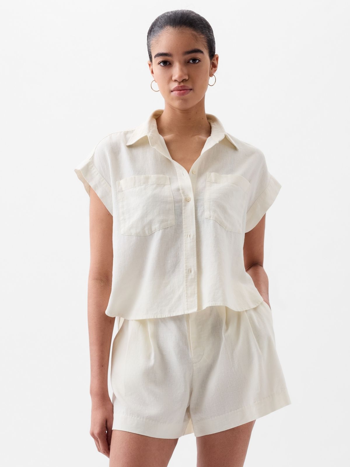 Άσπρο Linen-Blend Cropped Πουκάμισο-875993002