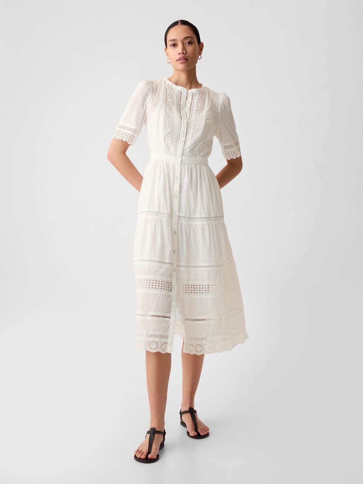 Άσπρο Lace Midi Φόρεμα-880287002