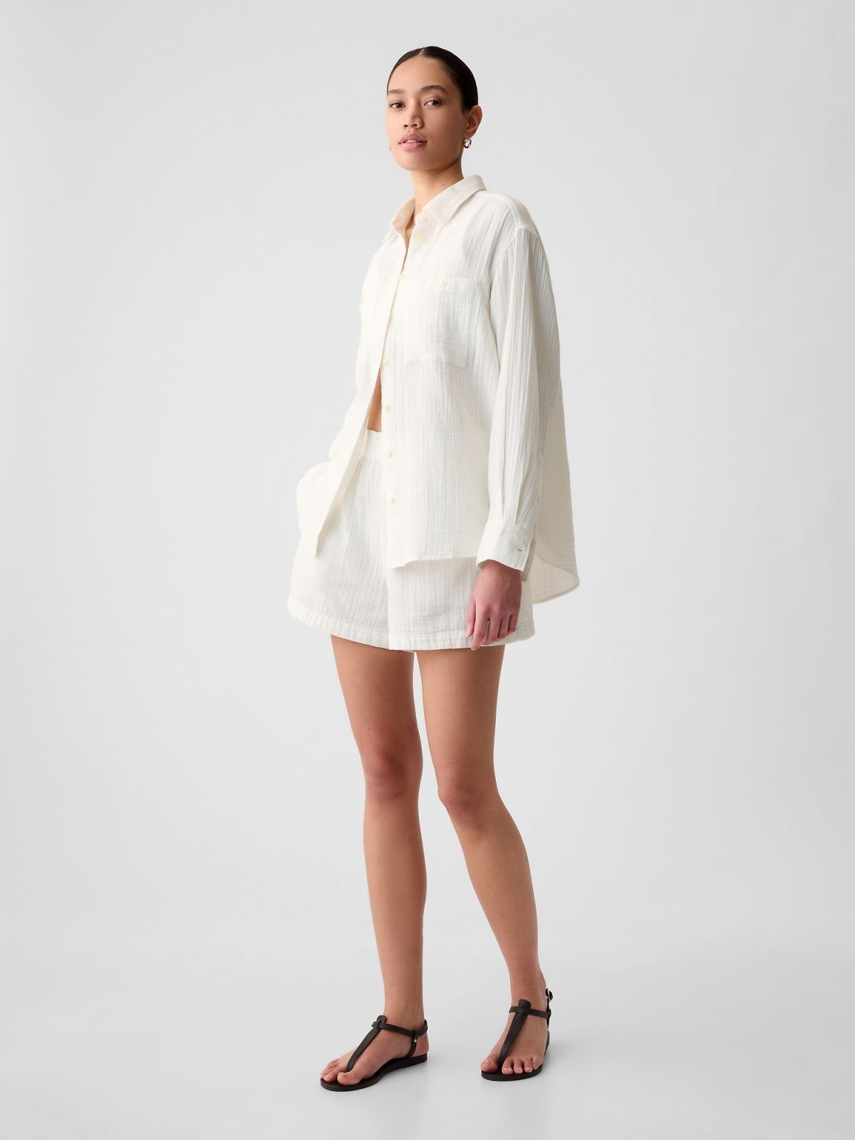 Άσπρο Crinkle Gauze Big Πουκάμισο-876065002