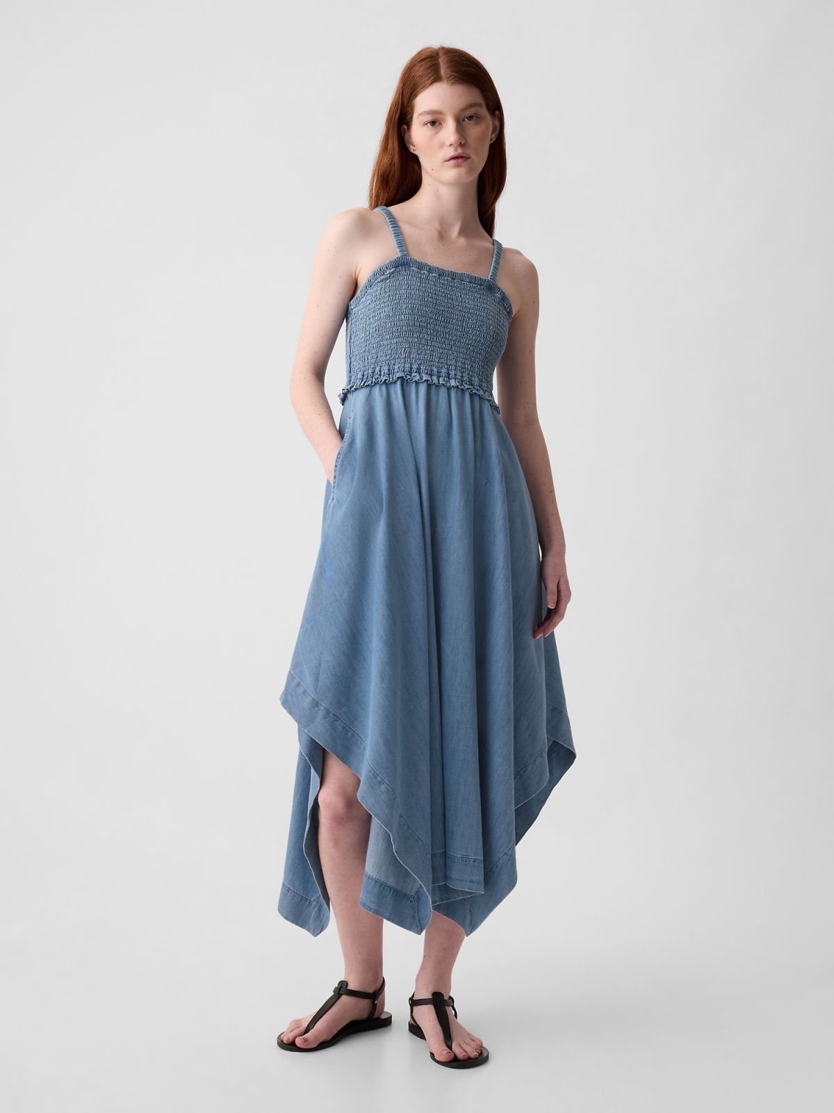 Μπλε Denim Handkerchief Hem Midi Φόρεμα-873500000