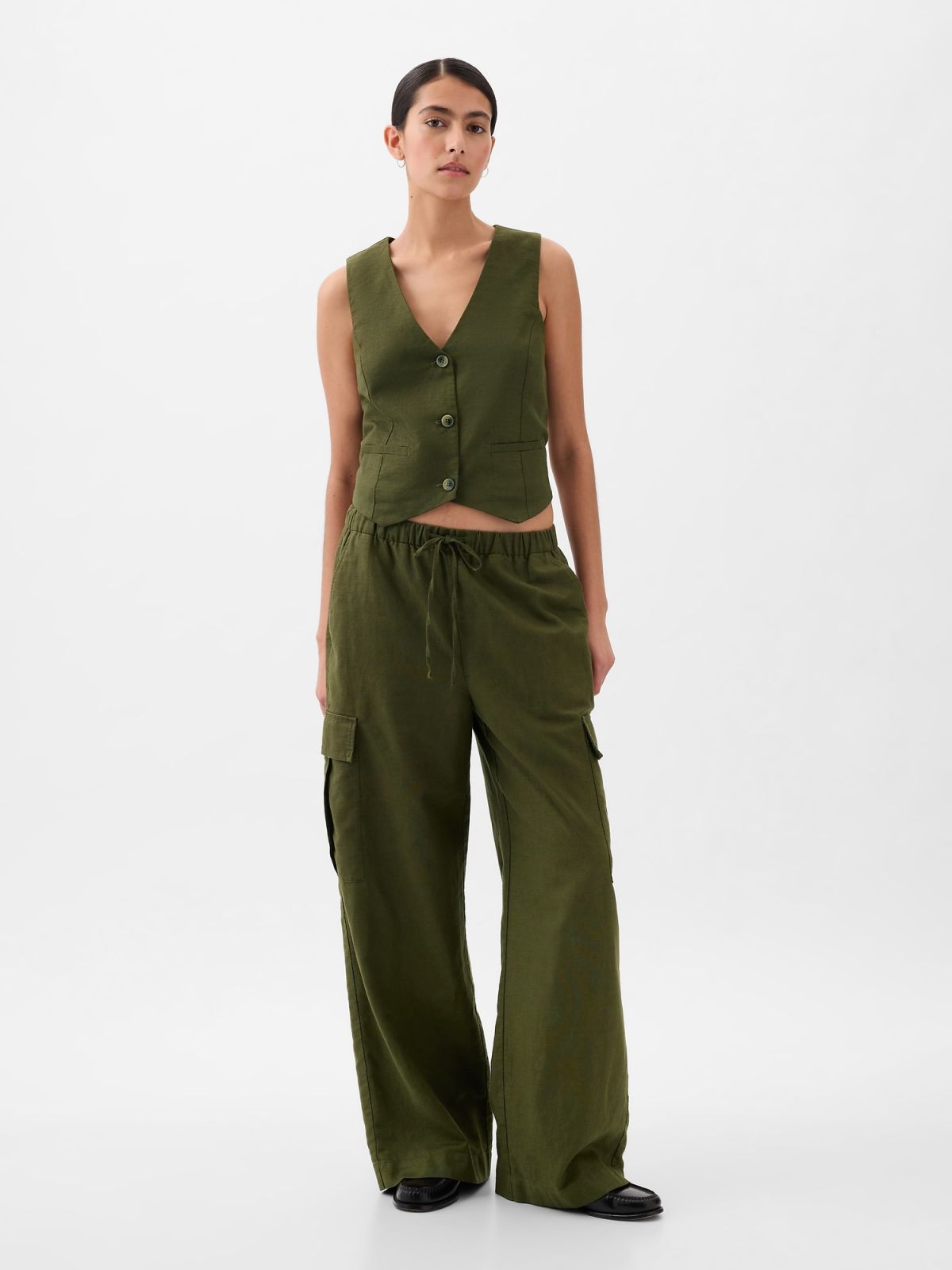 Mid Rise Linen-Cotton Pull-On Cargo Pants-855963001