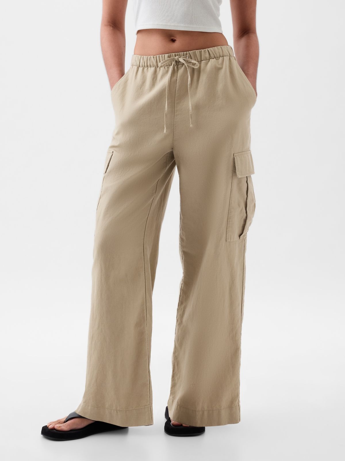 Mid Rise Linen-Cotton Pull-On Cargo Pants-855963002
