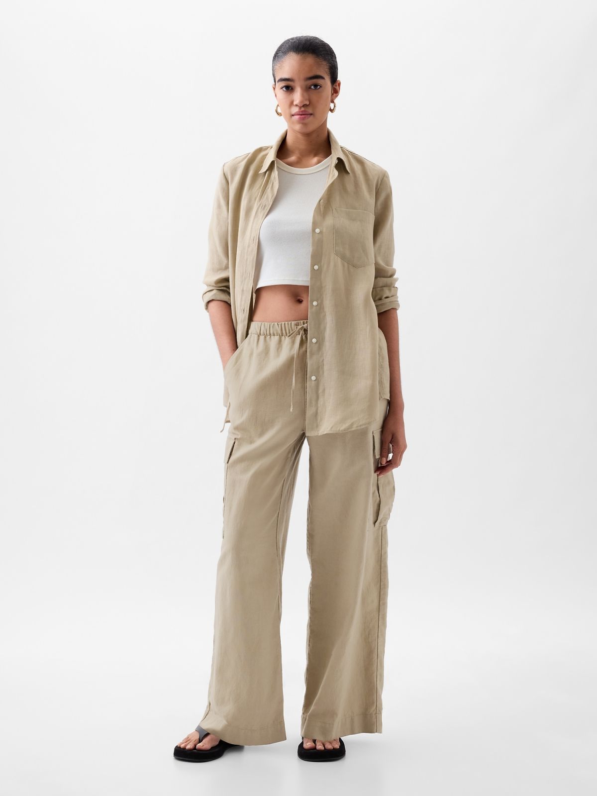 Mid Rise Linen-Cotton Pull-On Cargo Pants-855963002
