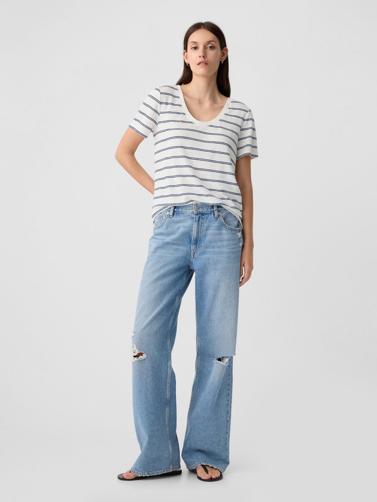 Μπλε SS Λινή Μπλούζα-407238001