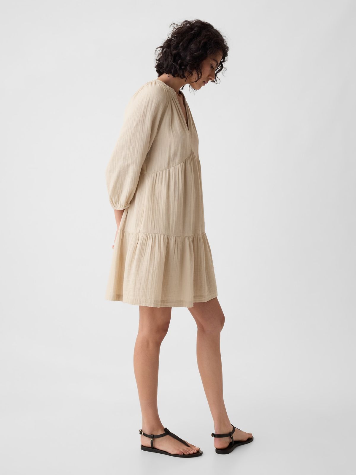 Μπεζ Crinkle Gauze Tiered Mini Φόρεμα-429447000