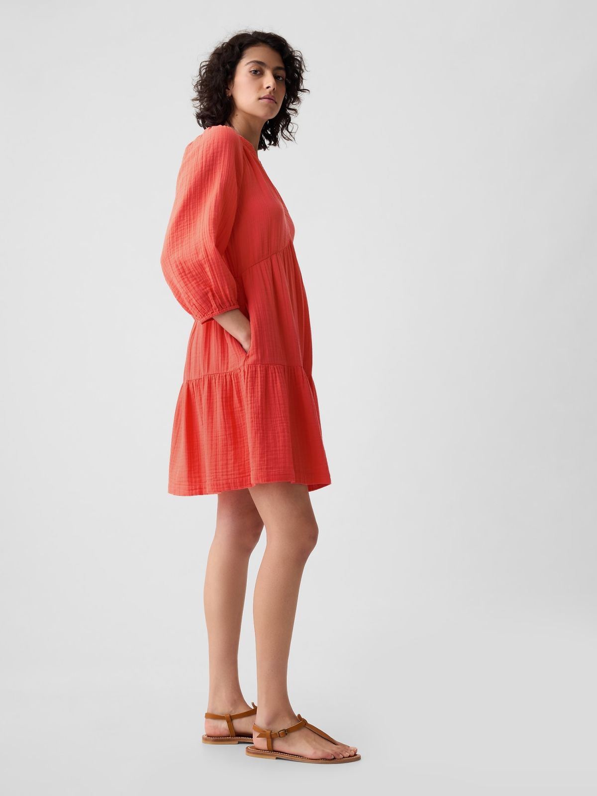 Κόκκινο Crinkle Gauze Tiered Mini Φόρεμα-429447002