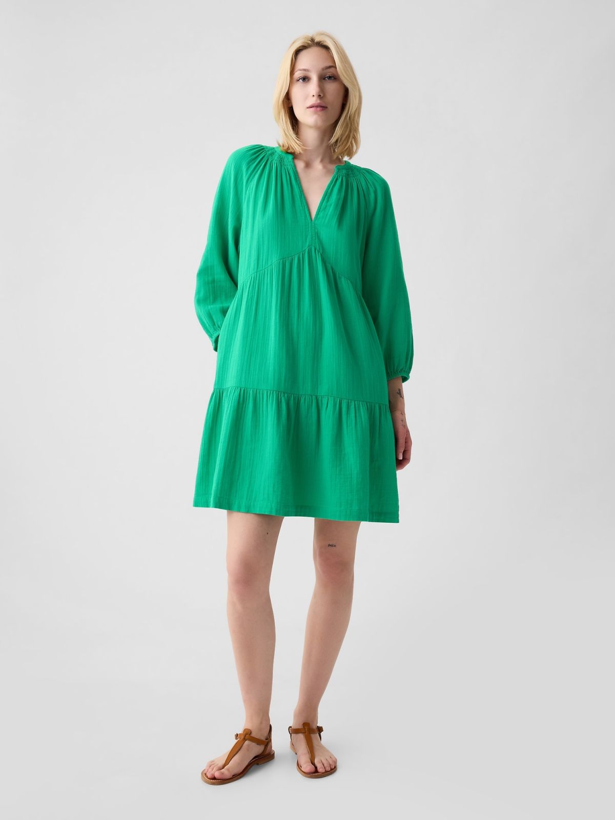 Πράσινο Crinkle Gauze Tiered Mini Φόρεμα-429447001